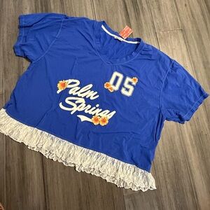 Free People Blue Palm Springs Tee with White Lace Trim